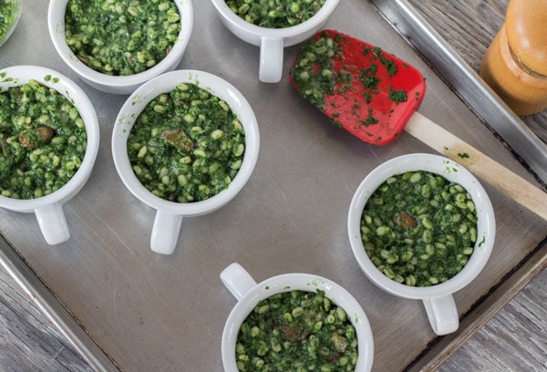 Green Barley and Kale in cups ready to bake