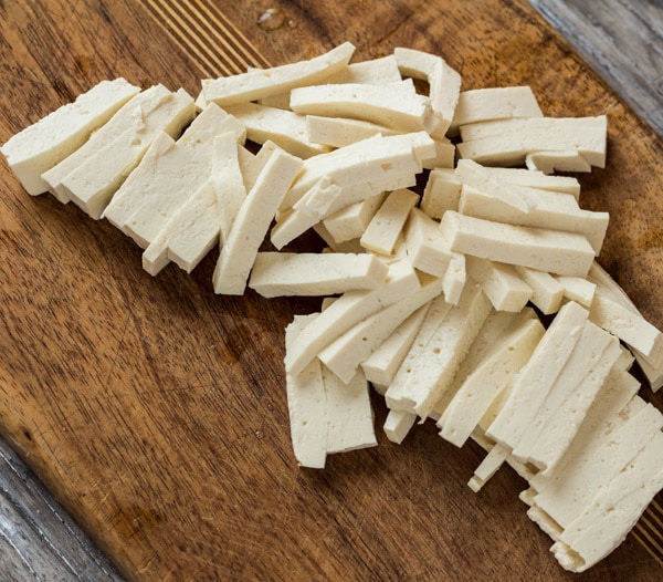 tofu sliced and ready for Hot and Sour Miso Soup 