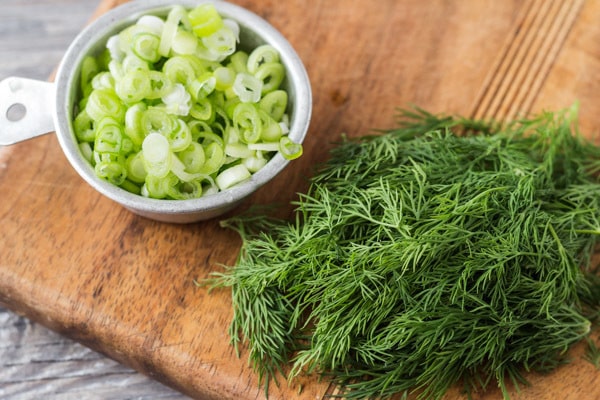 green onions and dill for Savory Cottage Cheese Dill Muffins