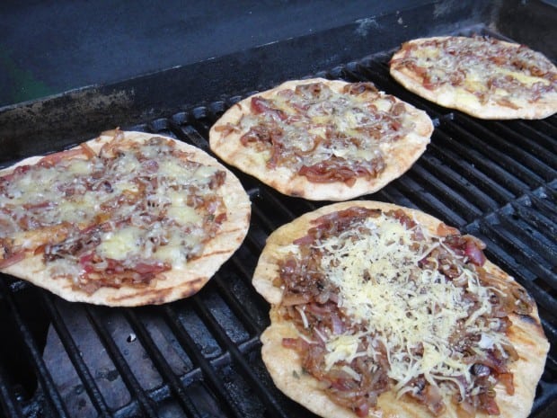 Caramelized Three Onion and Thyme Pizza with Fontina Cheese on the grill