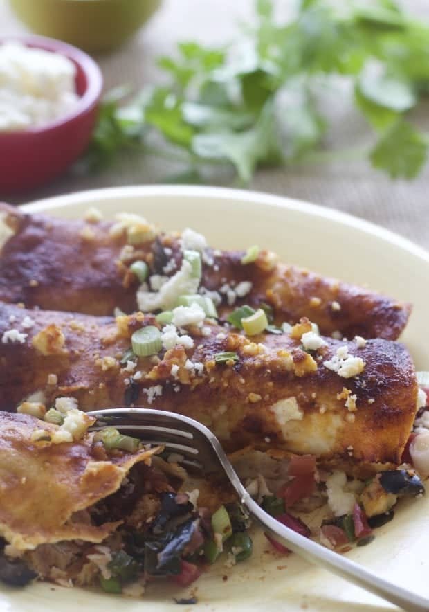 Vegetarian Chard Enchiladas with fork and piece cut out