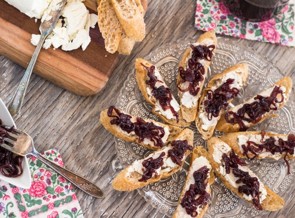 Shallot and Red Wine Jam on crostini with goat cheese