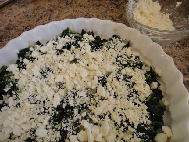 Spinach, Herb and Feta Cheese Custard in quiche pan ready to bake