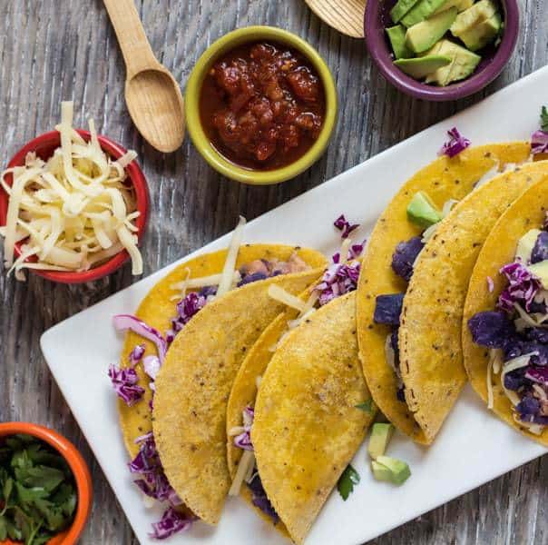 Purple Potato and Bean Tacos on plate square view