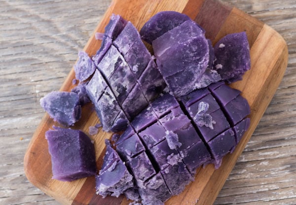 cooked and peeled purple potatoes for Purple Potato and Bean Tacos