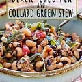 Black-eyed Pea and Collards in Blue bowl with spoon with Pinterest text