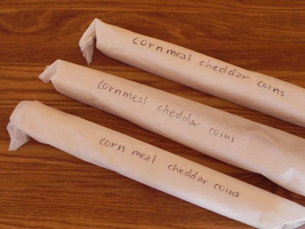 rolled dough logs for cornmeal cheddar cheese coins 