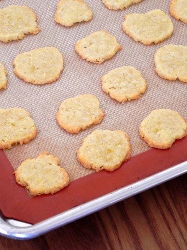 cornmeal Cheddar coins with golden edges