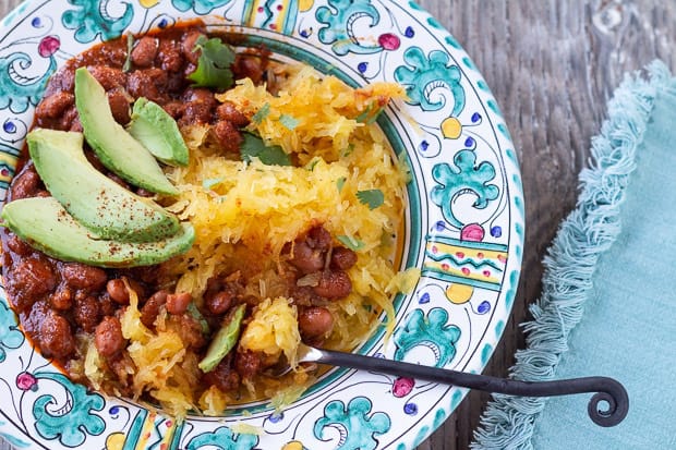 Mexican Spaghetti Squash with Pinto Beans and Enchilada Sauce