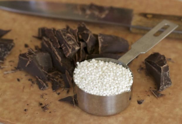 white tapioca pearls and chopped dark chocolate with knife for Dark Chocolate Tapioca Pudding