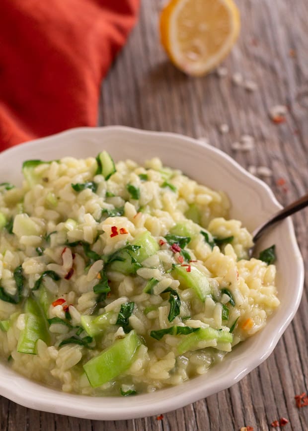 Bok Choy Risotto in bowl with spoon