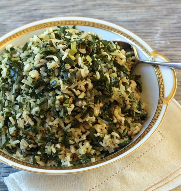 Dirty Rice with Collards and Leeks in bowl overhead photo