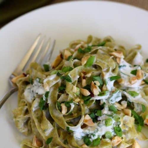 Homemade Whole Wheat Parsley Fettuccine with tangy goat cheese sauce