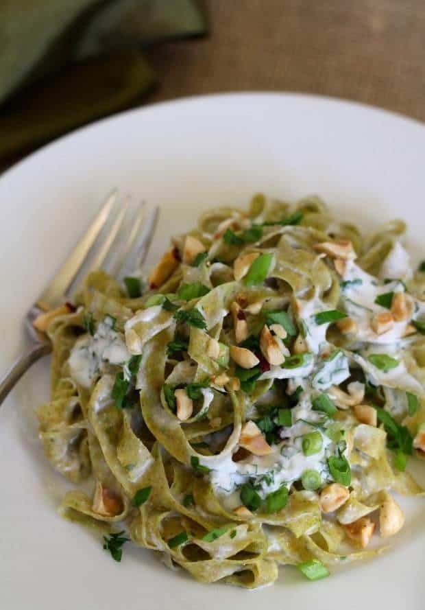 Homemade Whole Wheat Parsley Fettuccine with Easy Goat Cheese Sauce