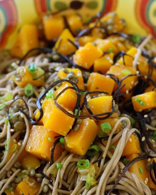 Butternut Squash and Soba Noodles on White Plate 