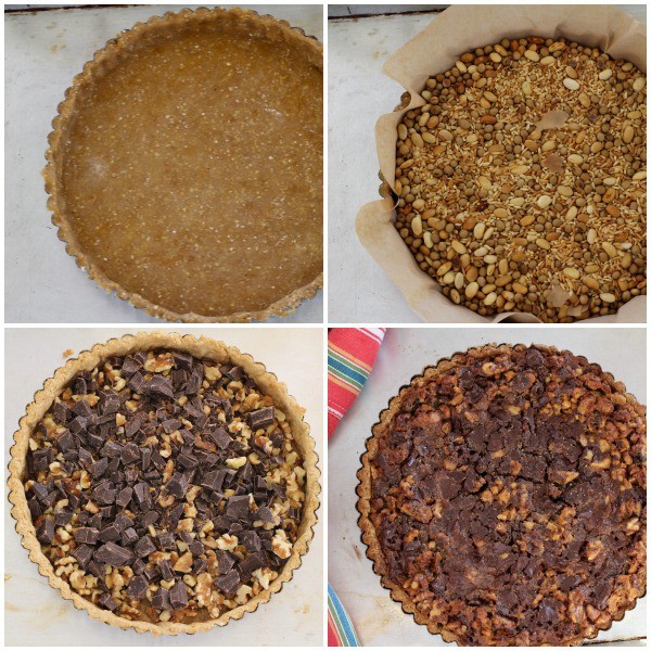 4 photo collage of Blind baking and step-by-step before and after baking of Walnut and Chocolate Tart