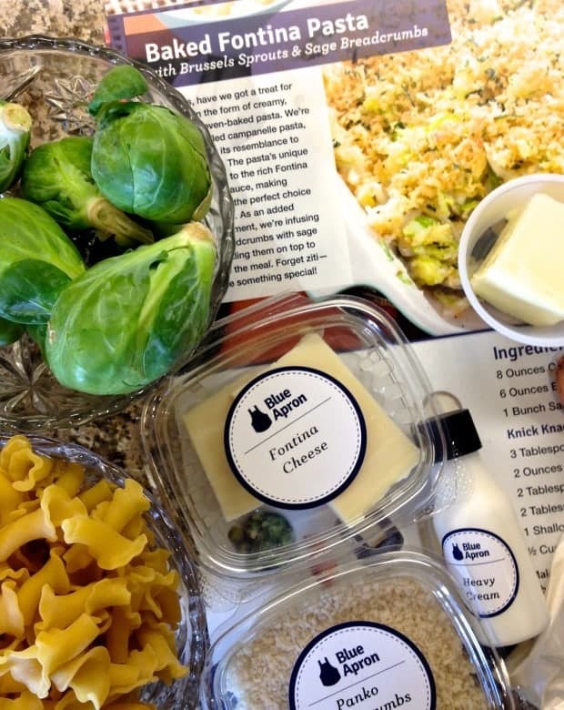 Recipe card and ingredients for Fontina Pasta from Blue Apron