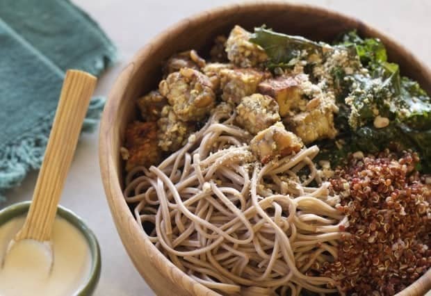Soba Noodles Kale and Tempeh with Tahini Sauce on the side