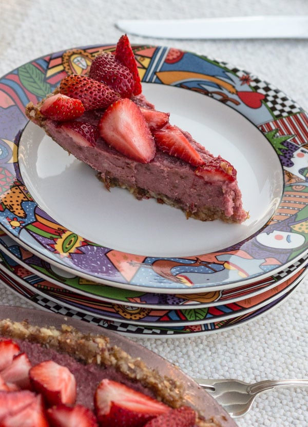 slice on plate of vegan and gluten-free Strawberry Ice Cream Pie