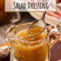 shiitake sesame dressing with spoonful of dressing with text for Pinterest