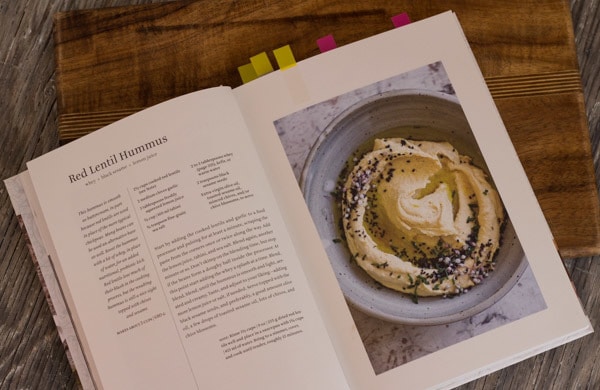 Near and Far Cookbook open to Red Lentil Hummus page