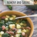 Greens and beans soup in bowl with spoon with Pinterest text