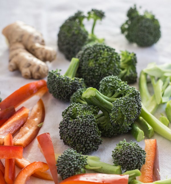 broccoli, red pepper and ginger for Easy Sweet and Sour Broccoli with Peanuts