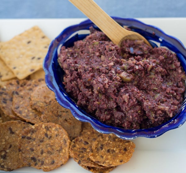 Olive Tapenade in bowl with crackers