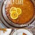 collage of round honey almond cake and slices on plates with Pinterest text