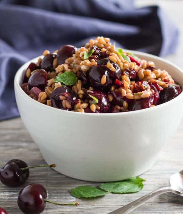 white bowl with Cherry and Farro Salad with Pressure-Cooked Farro | Letty's Kitchen