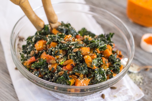 Kale and Kabocha Squash Salad with Roasted Red Pepper Vinaigrette | Letty's Kitchen