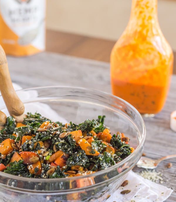 Kale and Kabocha Squash Salad with Roasted Red Pepper Vinaigrette | Letty's Kitchen