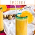 glass of tangerine smoothie with Pinterest text