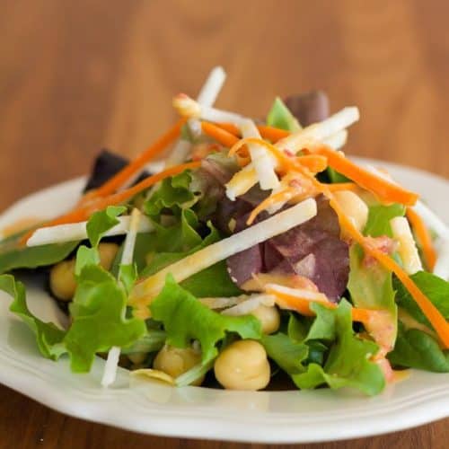 Easy Hummus Vinaigrette Salad Dressing on salad