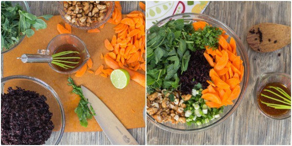 two photos of the Black Rice and Pea Shoot Salad ingredients and assembly