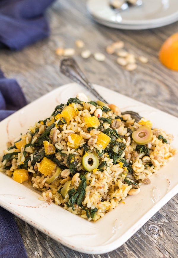 Brown Rice Pilaf with Bitter Greens, Olives, and Orange