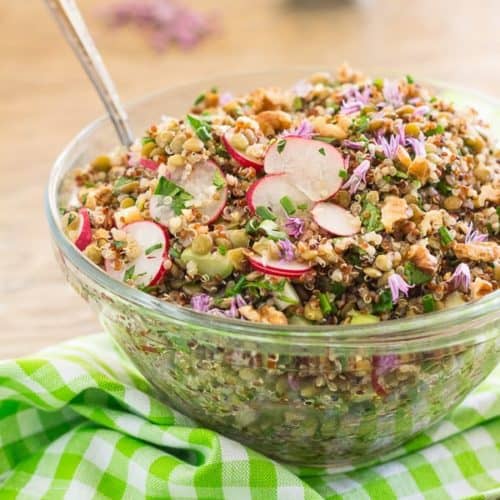 French Green Lentil and Quinoa Salad in glass bowl with serving spoon