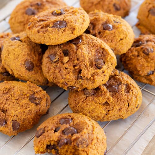 pumpkin chocolate chip cookies on wire
