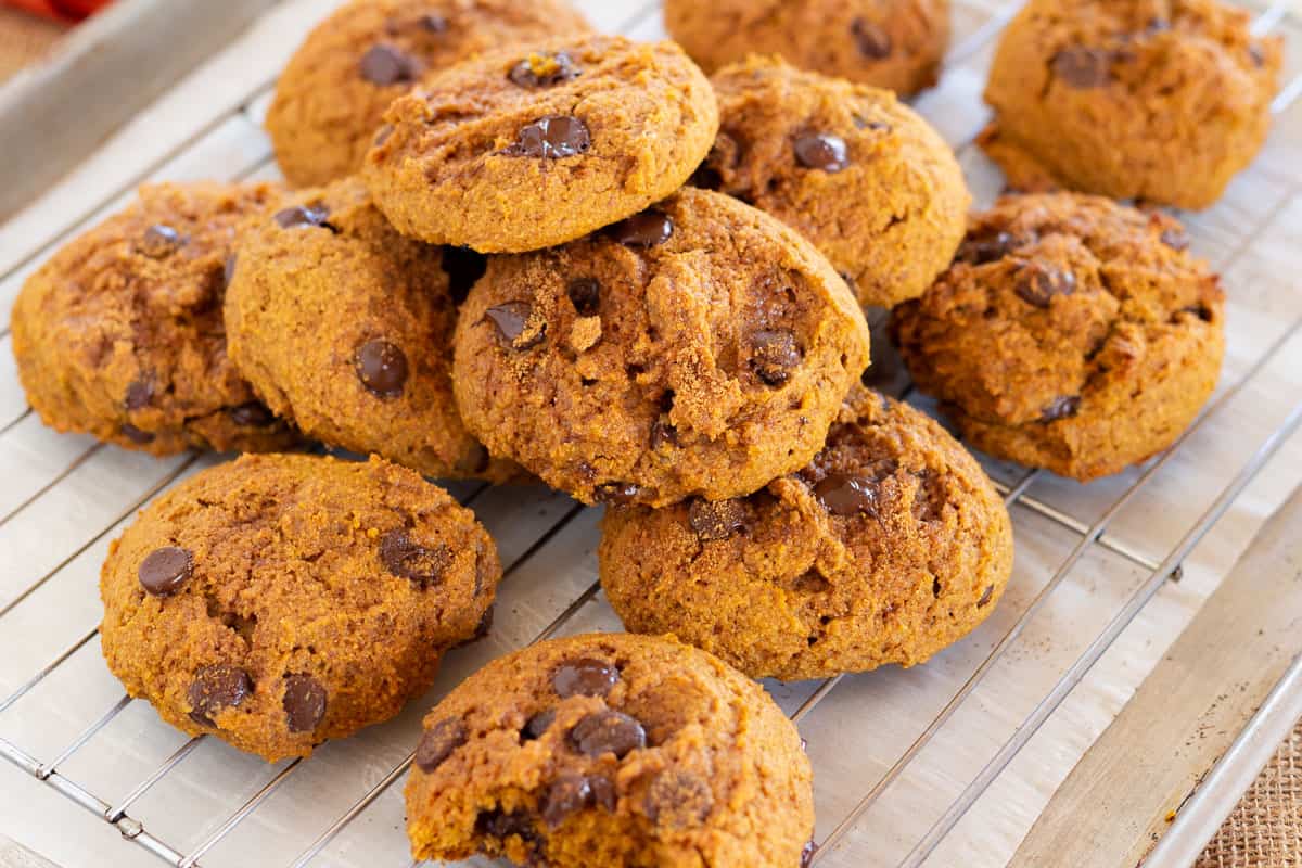 pumpkin chocolate chip cookies on wire 