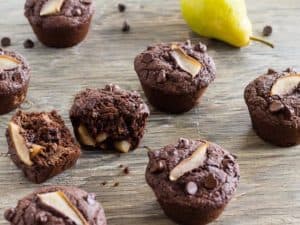 Chocolate Maple Pear Muffins one broken in half