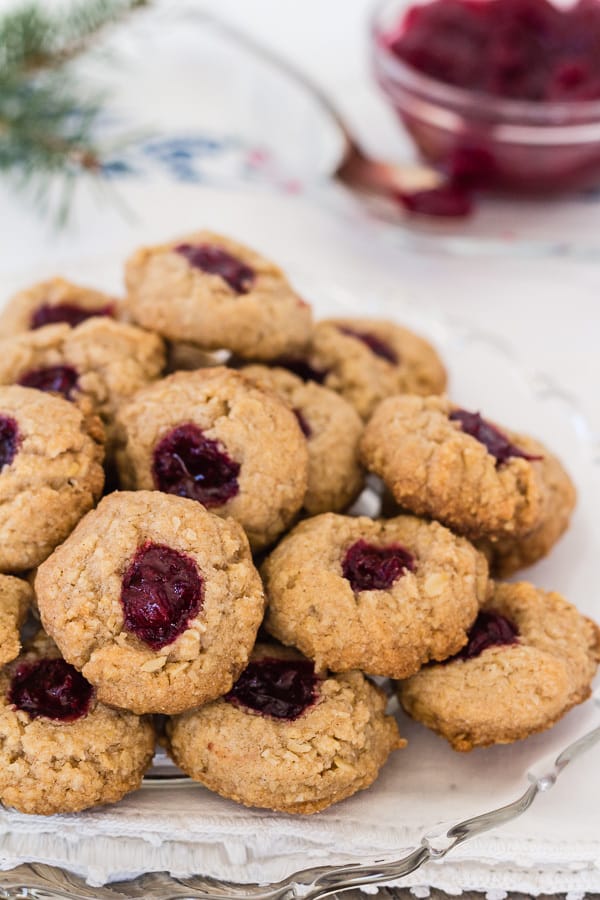 Almond Cranberry Thumbprint Cookies on plate | Letty's Kitchen