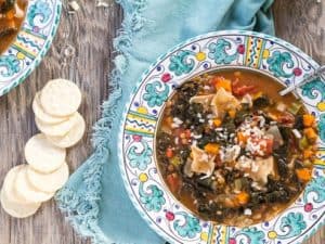 bowl of Lasagna Minestrone Soup with Lentils and Kale