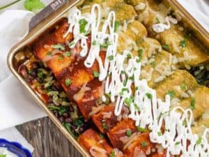Spinach and Black Bean Enchiladas baked, pan angled