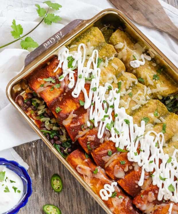 Spinach and Black Bean Enchiladas baked, pan angled 