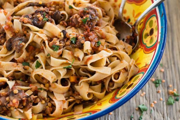 Spicy Red Lentil and Mushroom Pasta closeup serving bowl