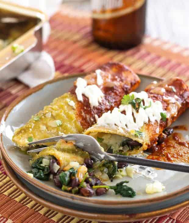 Spinach and Black Bean Enchiladas closeup with fork