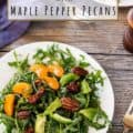 Arugula Salad on plate on wooden board with text for pinterest