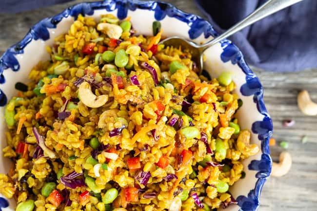 Curried Brown Rice and Veggie Salad with Toasted Cashews overhead shot