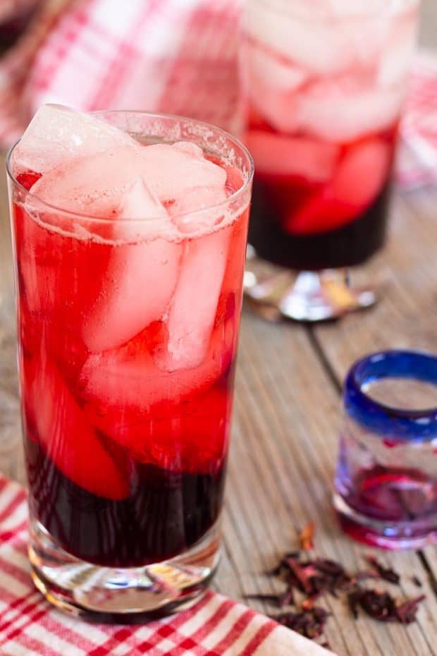 hibiscus sparkling soda spritzers with shot glass