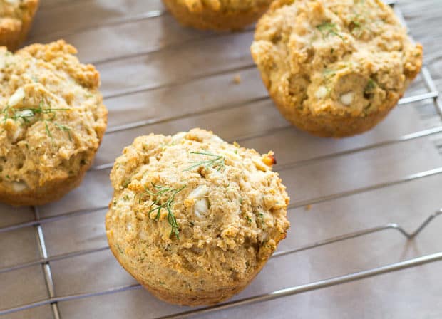 Three Cottage Cheese Dill Muffins on cooling rack